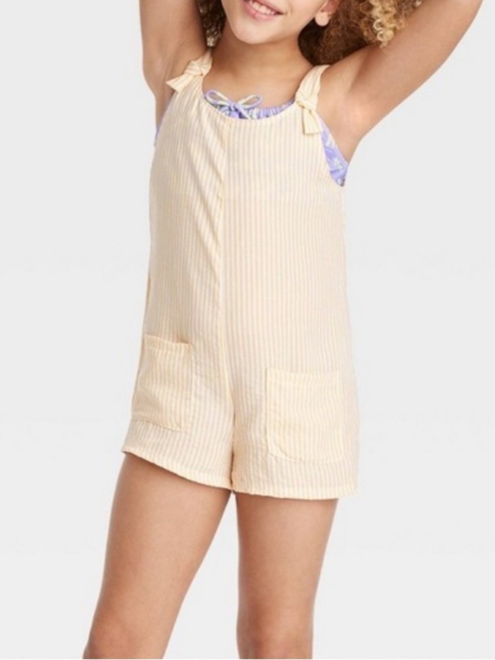 Art Class Girls' Cream Striped Tie-Shoulder Coverup Romper